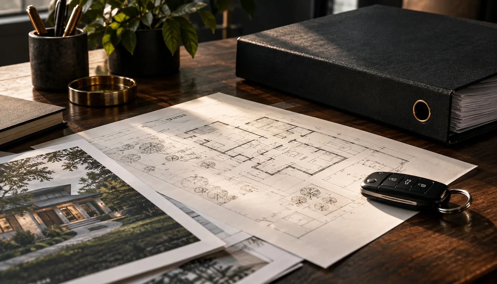 Property plans, vehicle key, and business records for asset investigation.