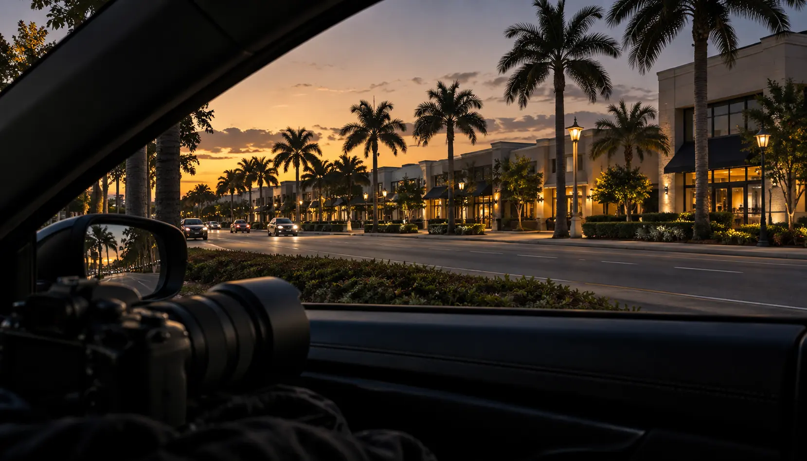Camera inside a parked car overlooking a public boulevard.