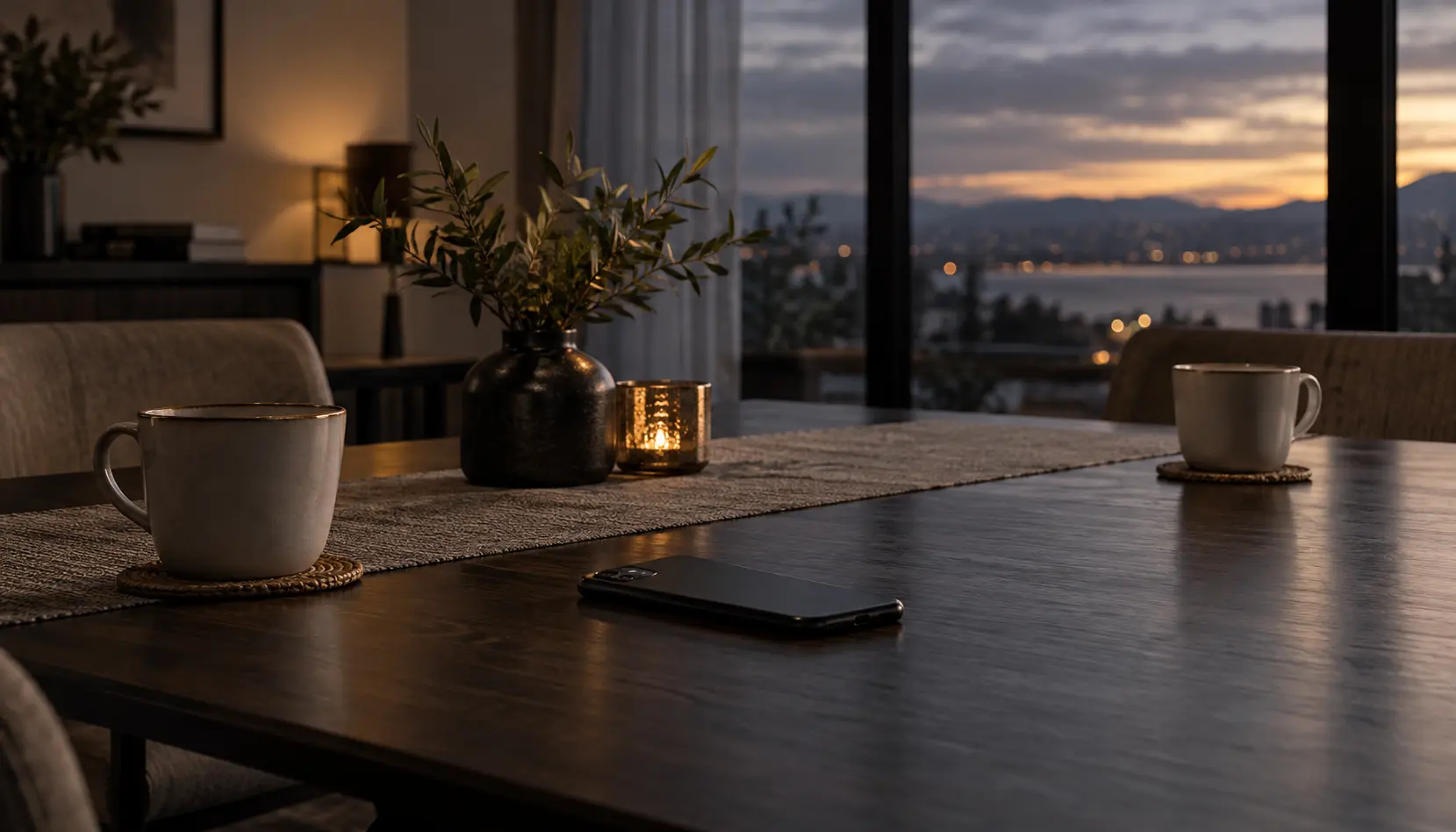 Face-down phone and two cups on a quiet dining table.