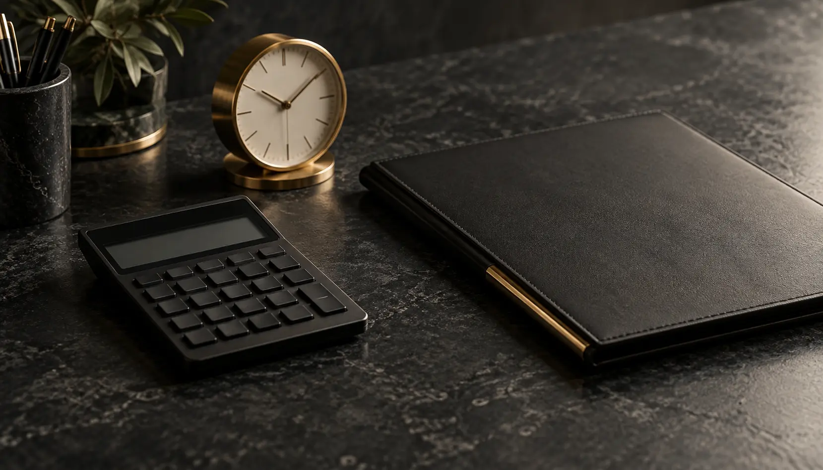 Calculator, clock, and quote folder representing investigation planning and cost.