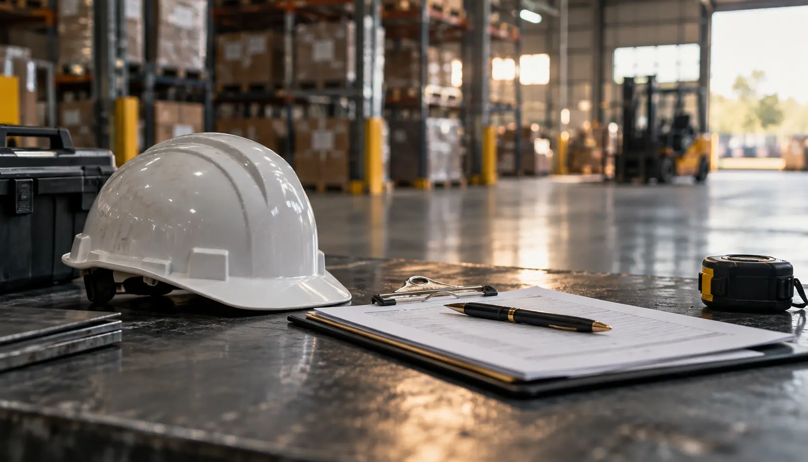 Safety helmet and inspection clipboard at an industrial workplace.