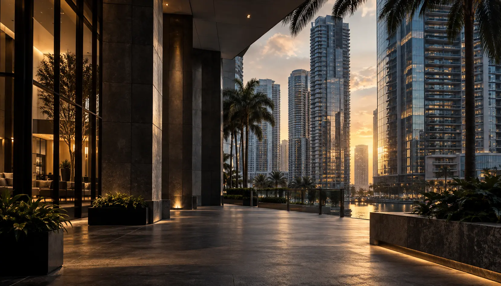 Illustrative Miami business district with glass towers and palms.