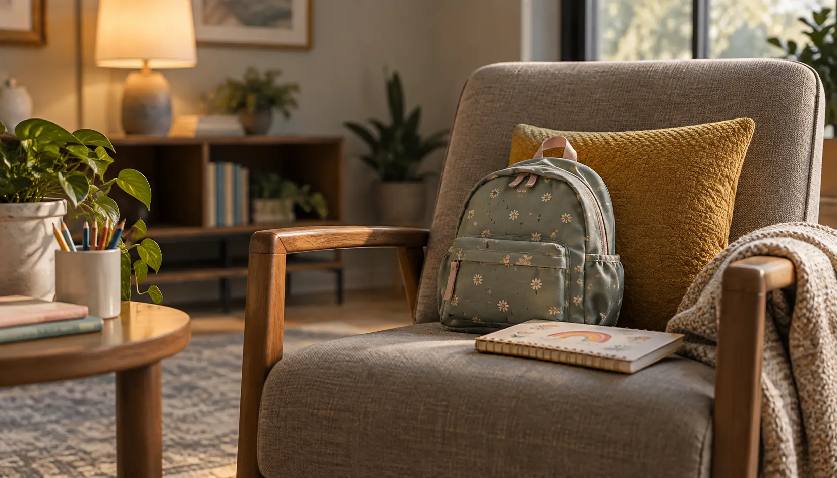 Child's backpack and sketchbook in a calm family consultation space.