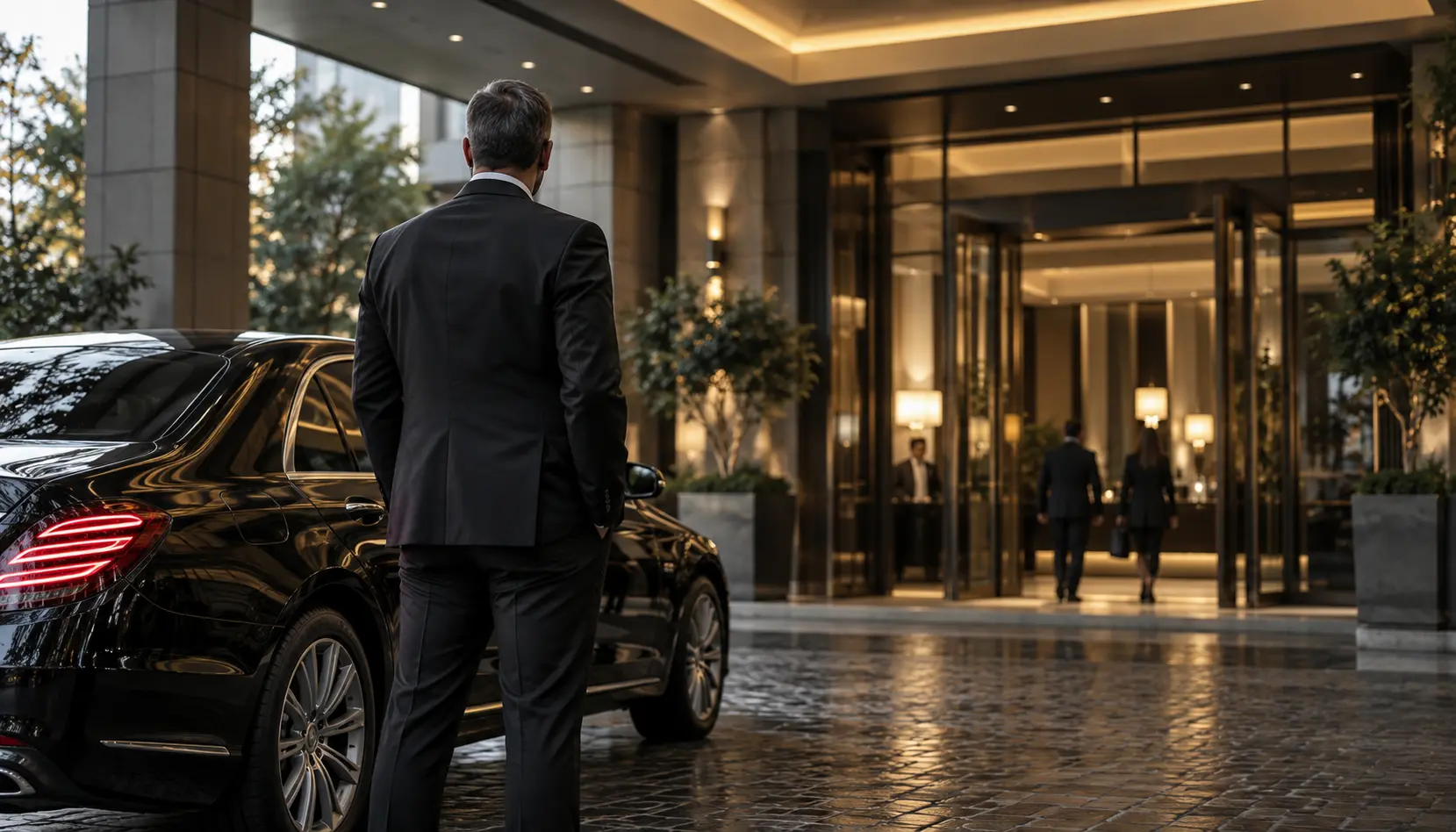 Discreet executive transport waiting at a covered entrance.