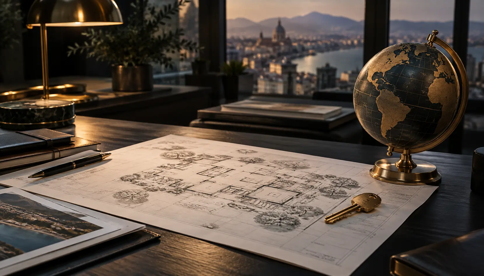 Property plan, key, and globe representing an asset search.