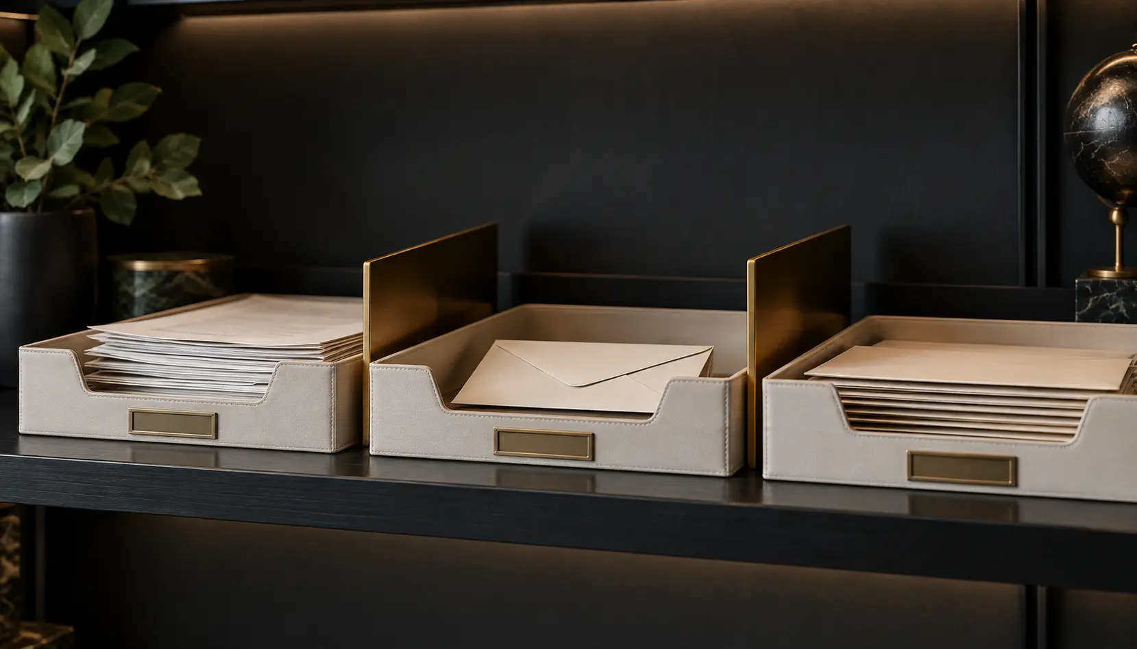 Organized document trays illustrating careful information handling.