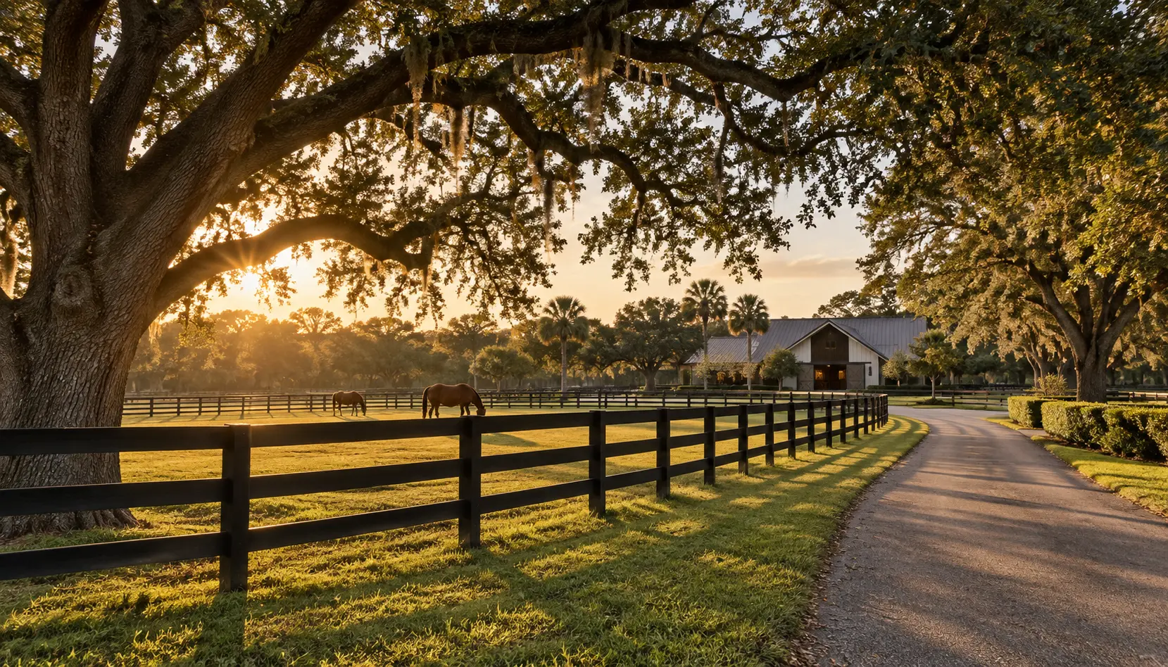 Illustrative Davie equestrian landscape with fences and live oaks.
