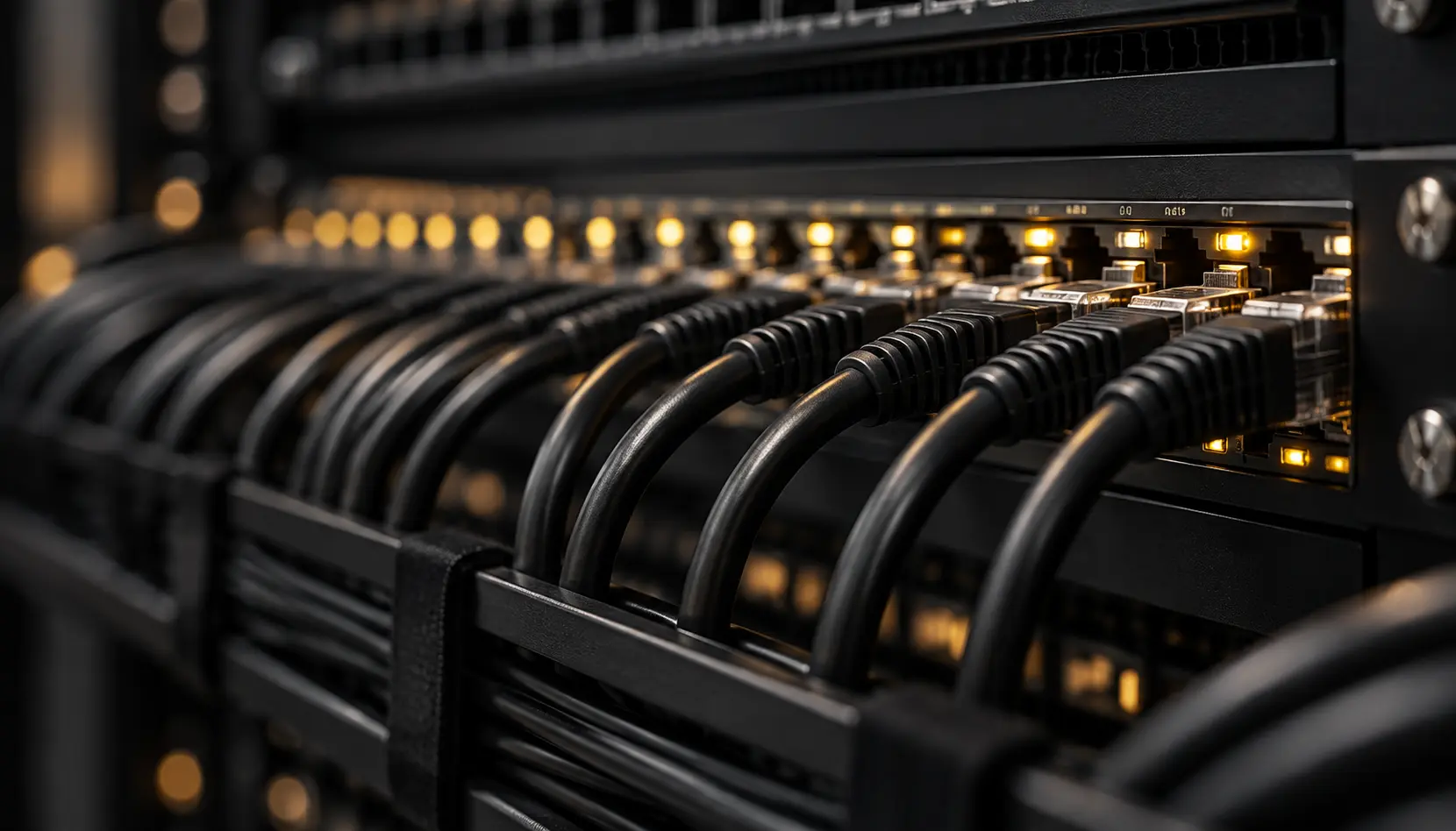 Network patch panel with organized cabling and subtle indicators.