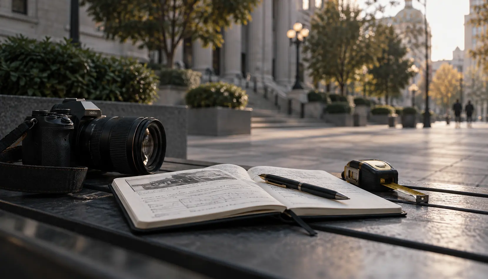 Notebook, camera, and measuring tape prepared for scene documentation.