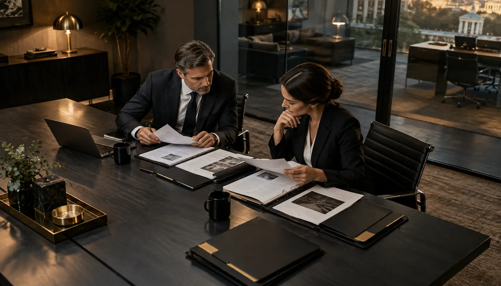 Business advisers comparing investigative reports at a conference table.