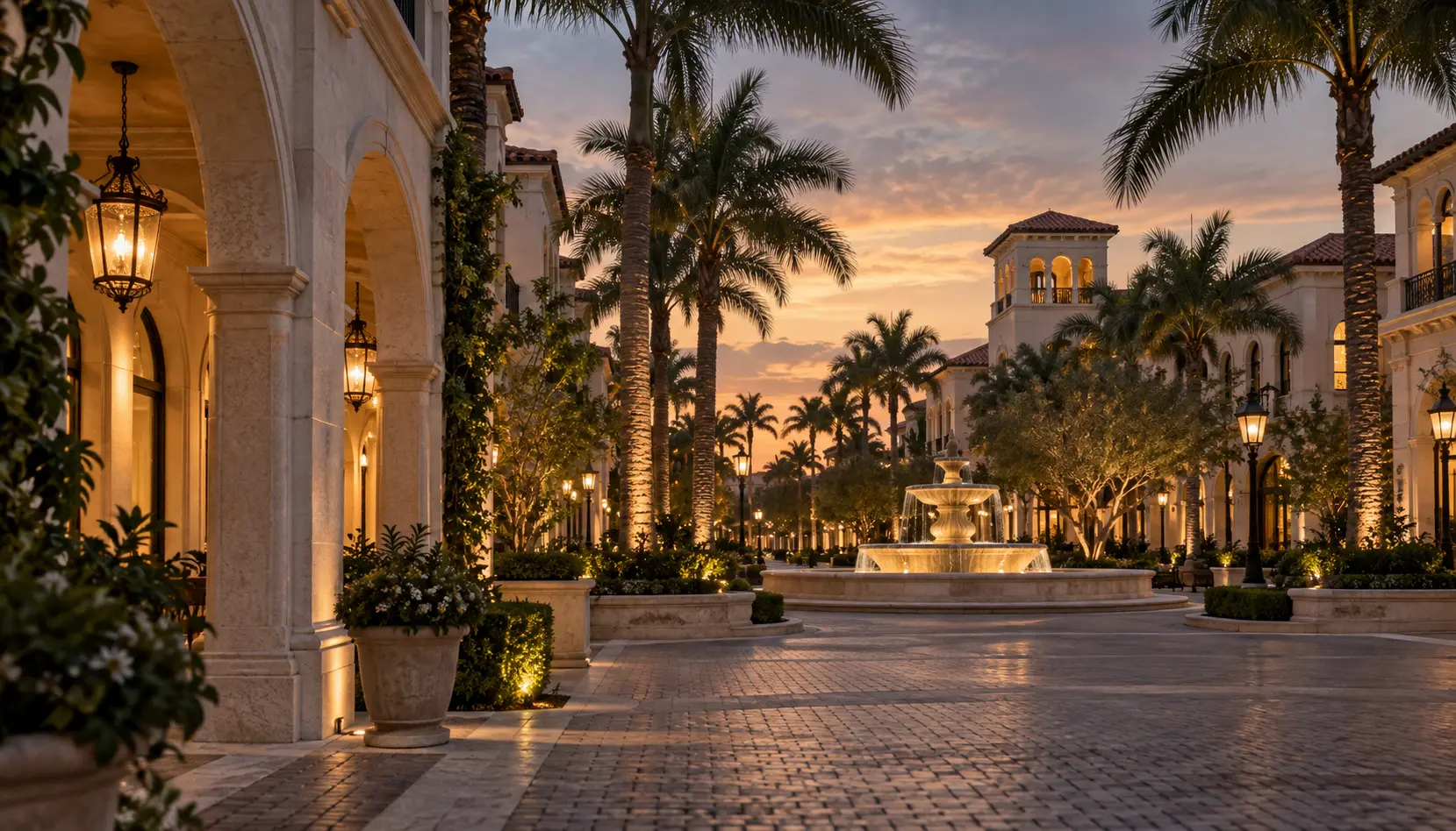 Illustrative Boca Raton streetscape with Mediterranean-style architecture.