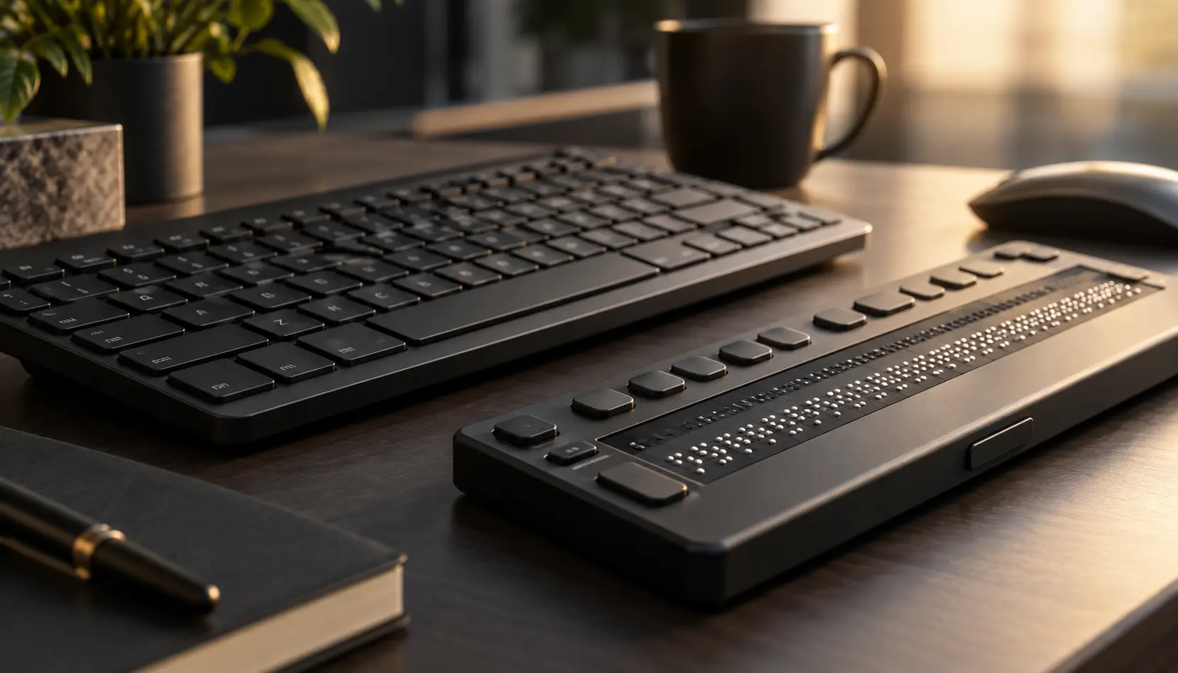 Keyboard and braille display representing accessible digital navigation.