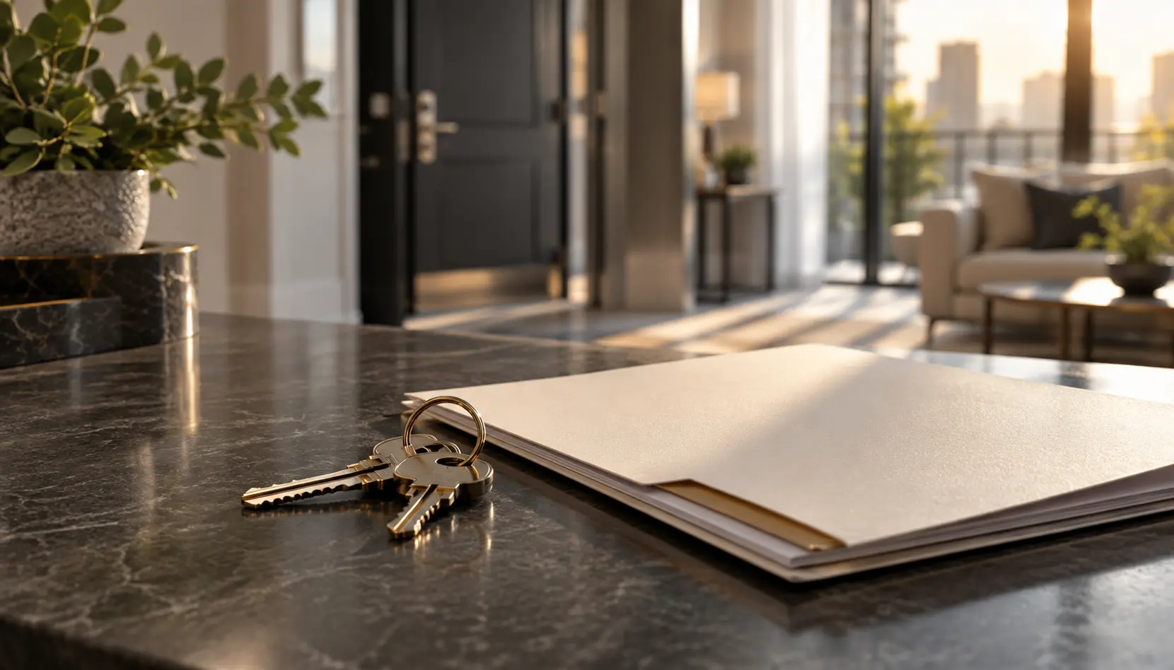 Apartment keys and rental folder ready for tenant screening.