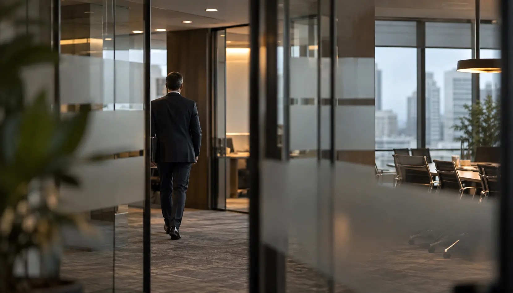 Anonymous professional moving through an office corridor.