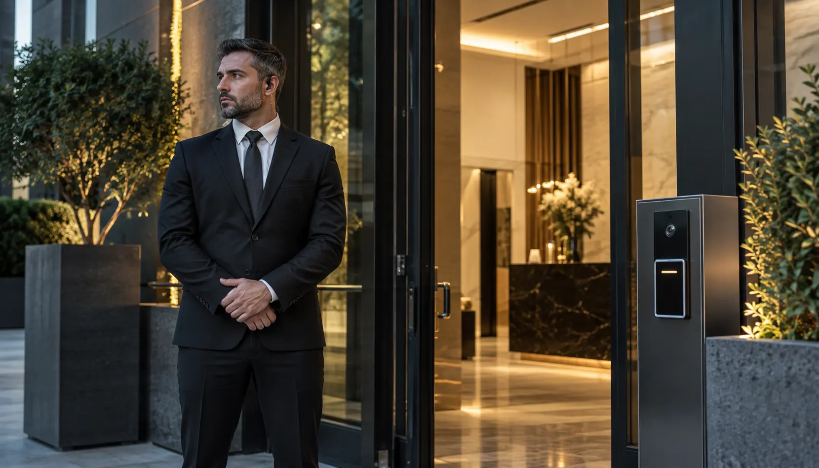 Discreet security professional at a modern controlled-access entrance.