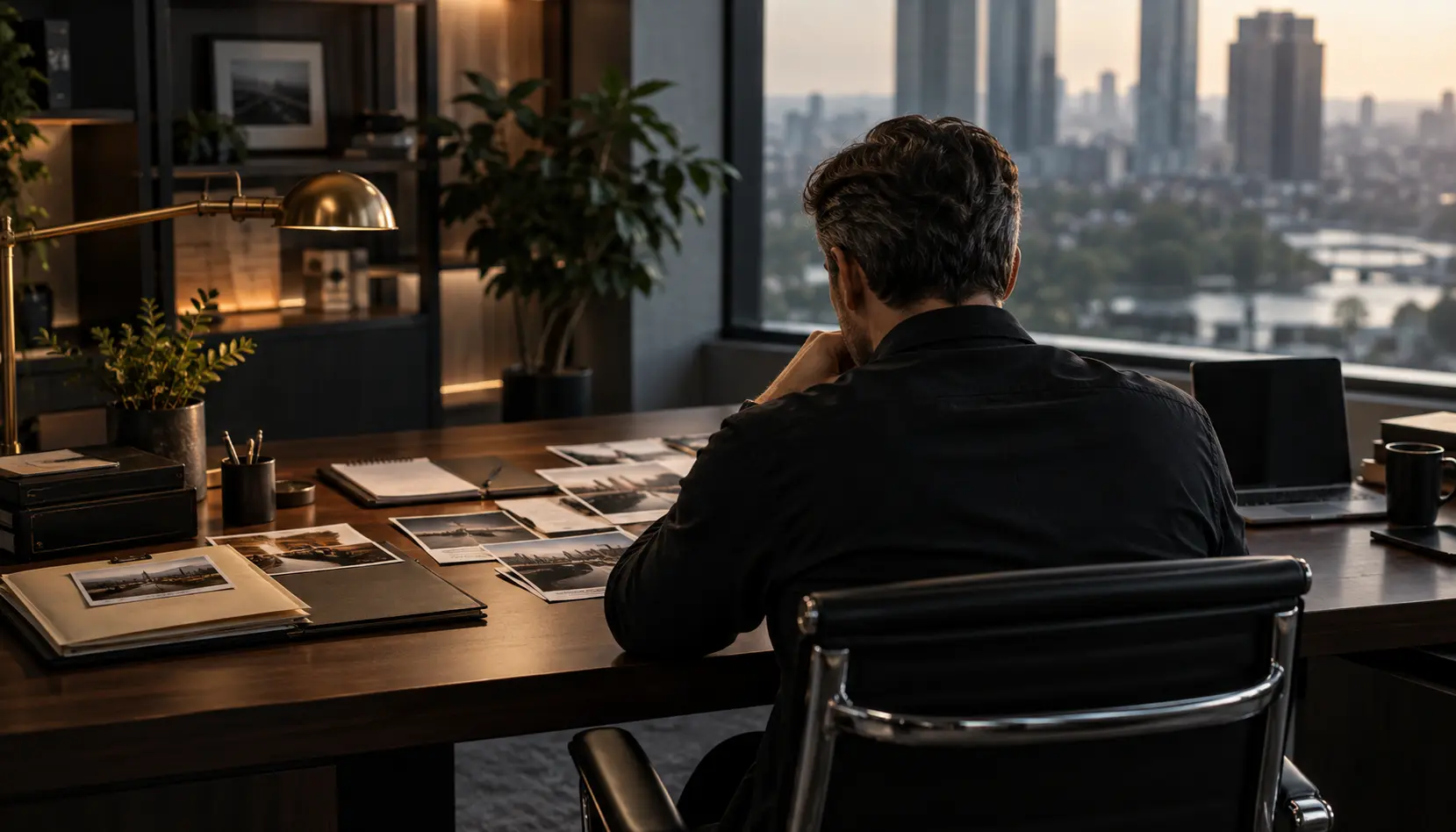 Illustrative investigator reviewing records in a private workspace.