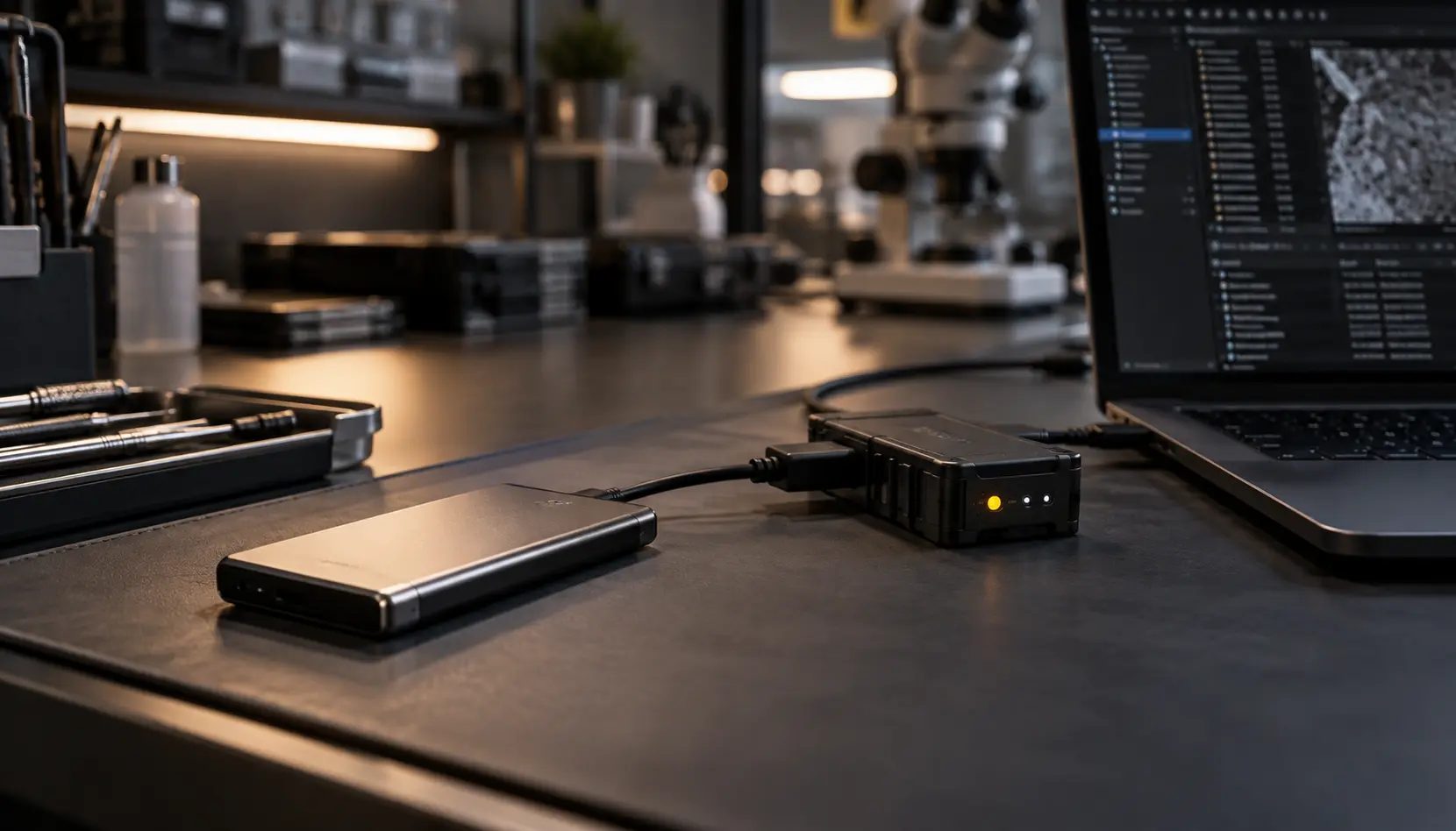 Digital storage hardware prepared for forensic examination.