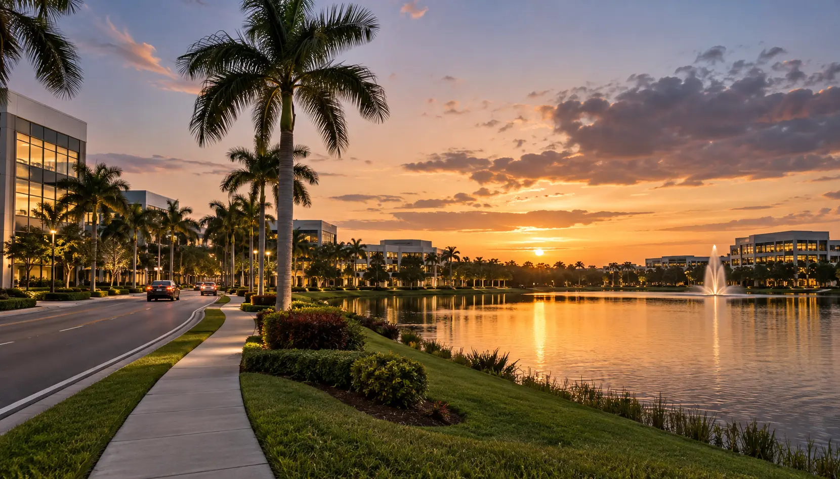 Illustrative Pembroke Pines boulevard and lakeside commercial setting.