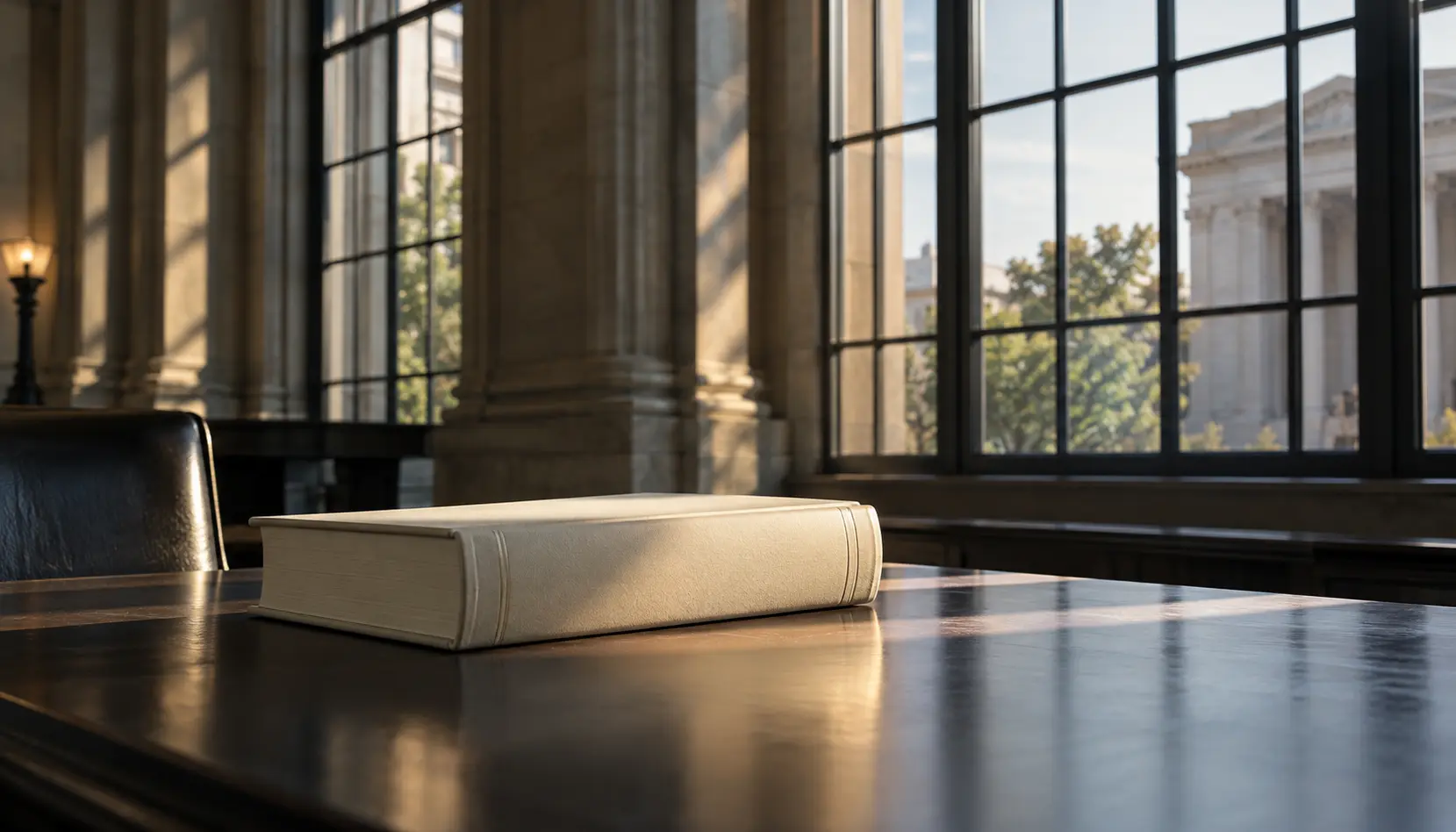 Legal reference book in a restrained courthouse-inspired setting.