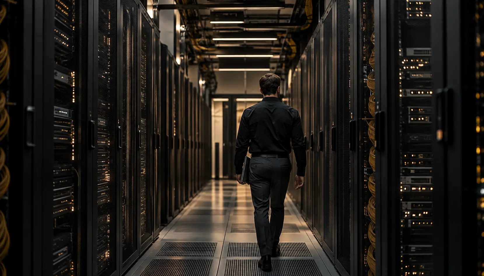 Server racks with orderly cabling and subtle status lights.