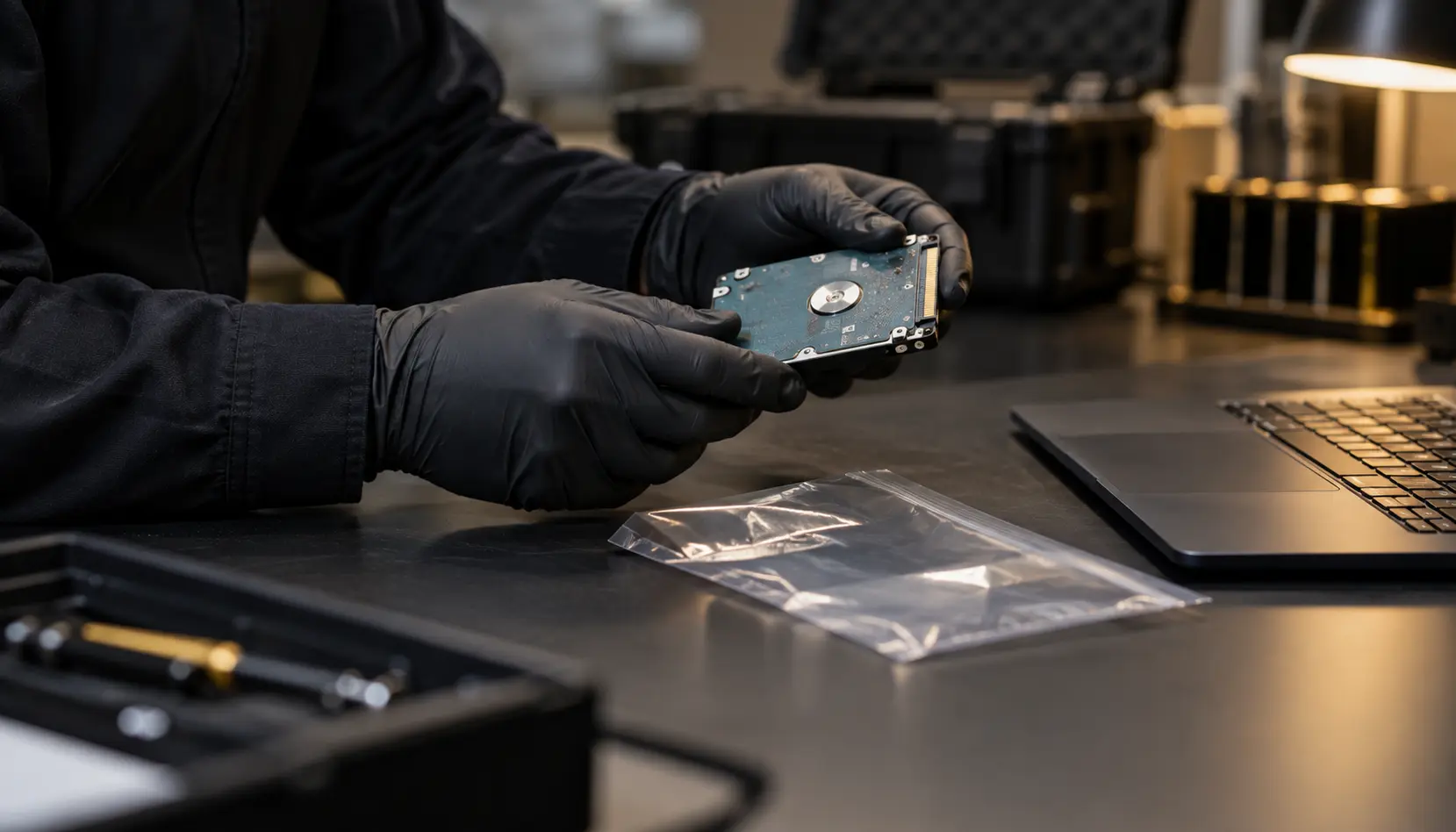 Technician preserving a computer drive for digital evidence review.