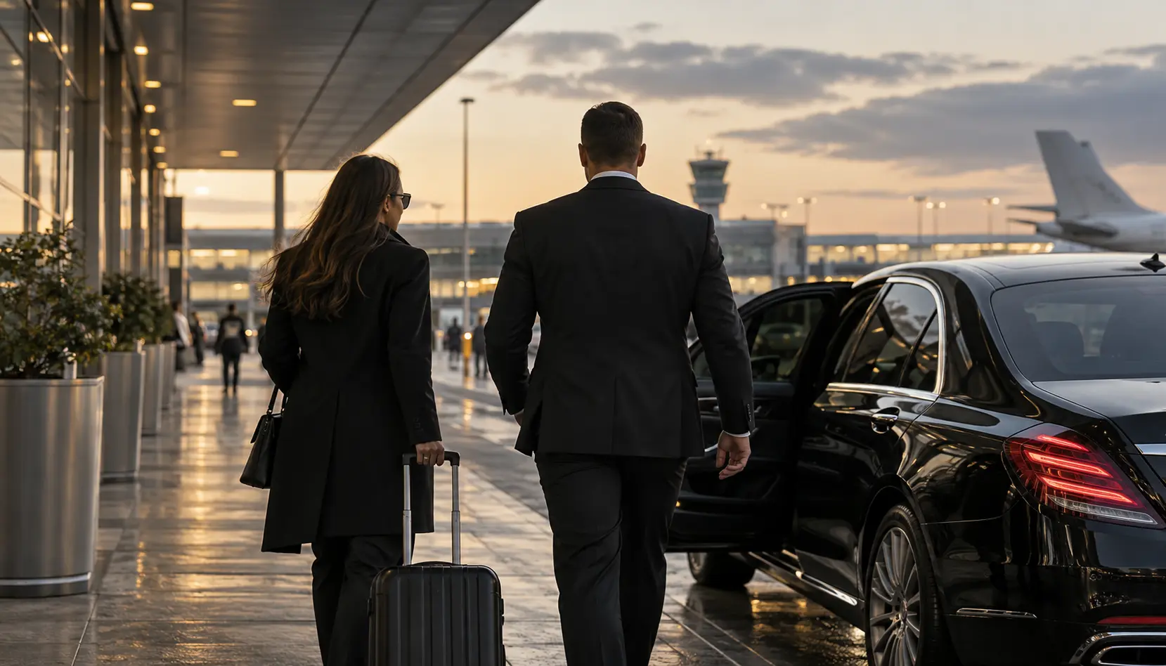 Illustrative protection professional accompanying a business traveler.