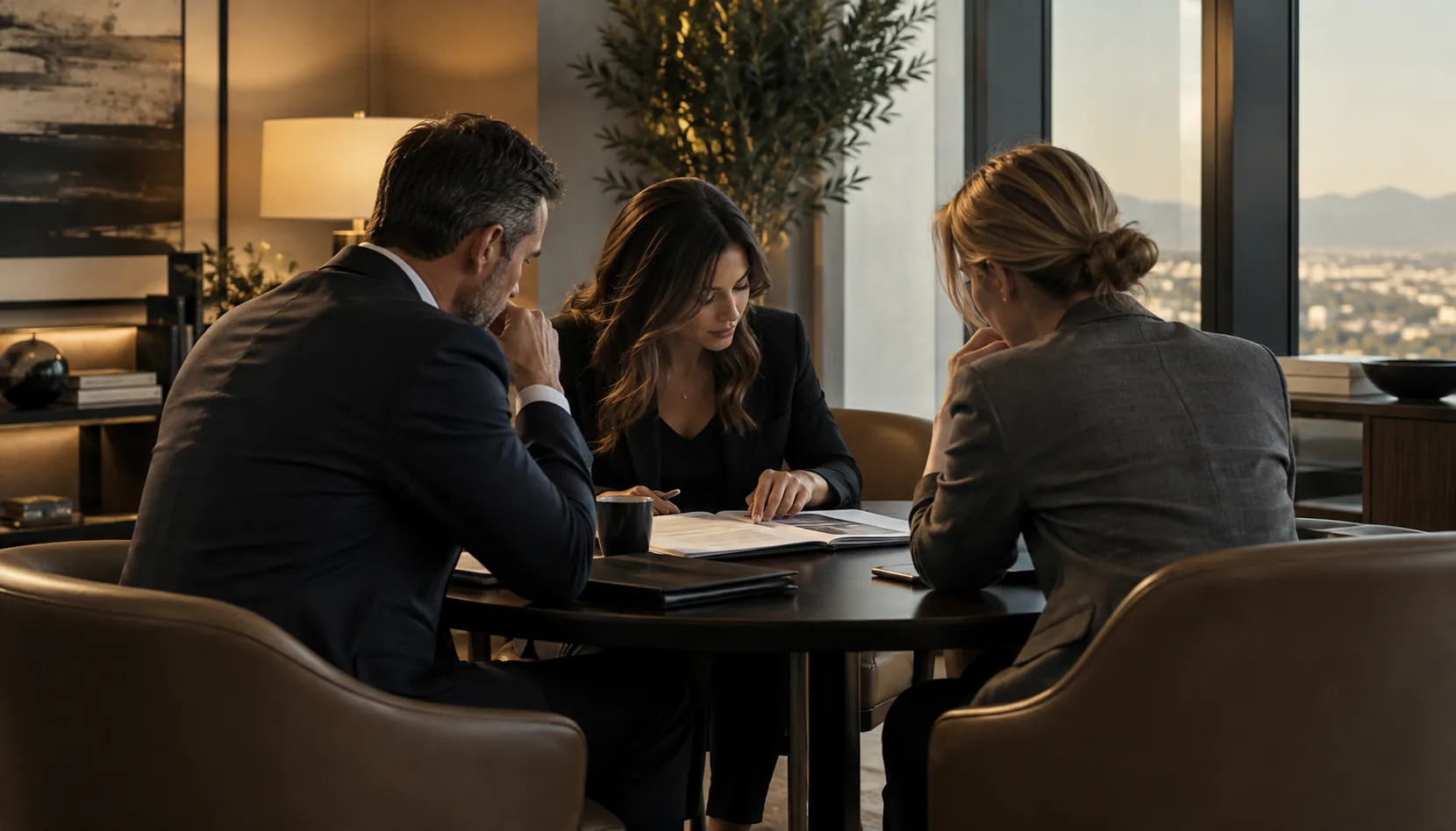 Illustrative investigators reviewing a case together in a private meeting.
