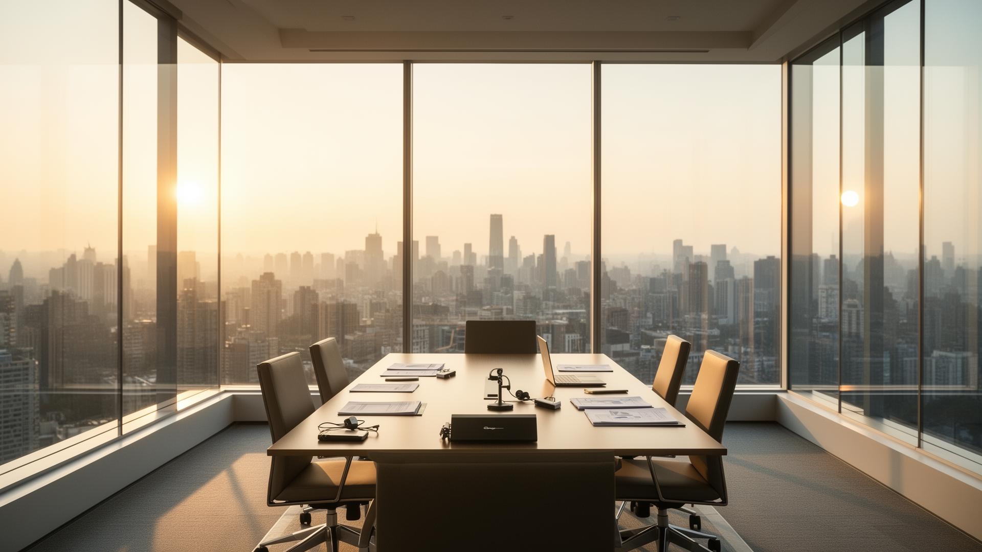 Professional corporate boardroom overlooking Florida city skyline - Omni Investigations private investigation agency headquarters